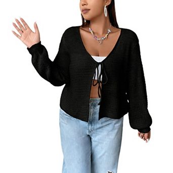Women's Tie Front Open Knit Cardigans Long Sleeve Crochet Sweaters Casual Tops