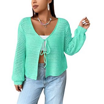 Women's Tie Front Open Knit Cardigans Long Sleeve Crochet Sweaters Casual Tops