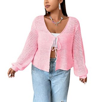 Women's Tie Front Open Knit Cardigans Long Sleeve Crochet Sweaters Casual Tops