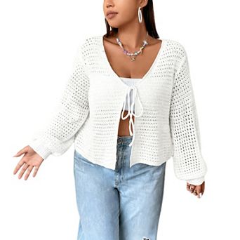 Women's Tie Front Open Knit Cardigans Long Sleeve Crochet Sweaters Casual Tops