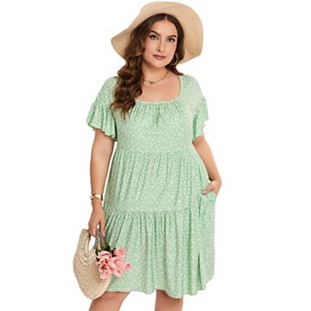 Plus Size Women'S Square Neck Raglan Shoulder Ruffle Sleeve Pocket Dress