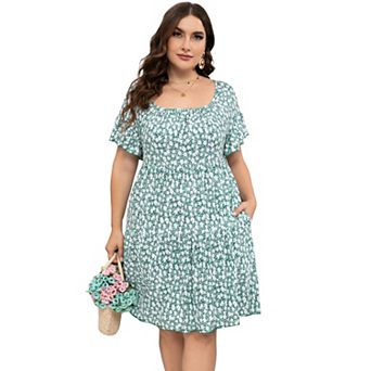 Plus Size Women'S Square Neck Raglan Shoulder Ruffle Sleeve Pocket Dress