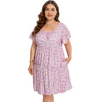 Plus Size Women'S Square Neck Raglan Shoulder Ruffle Sleeve Pocket Dress