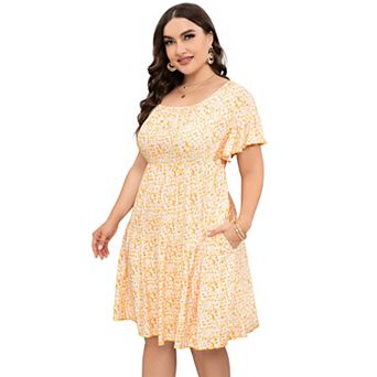 Plus Size Women'S Square Neck Raglan Shoulder Ruffle Sleeve Pocket Dress