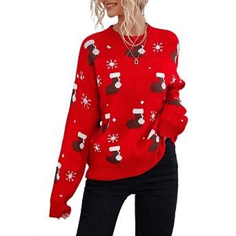 Women's Christmas Stocking Knit Sweaters Casual Crew Neck Long Sleeve Pullover Tops