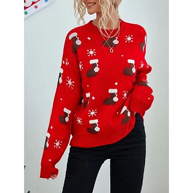 Women's Christmas Stocking Knit Sweaters Casual Crew Neck Long Sleeve Pullover Tops