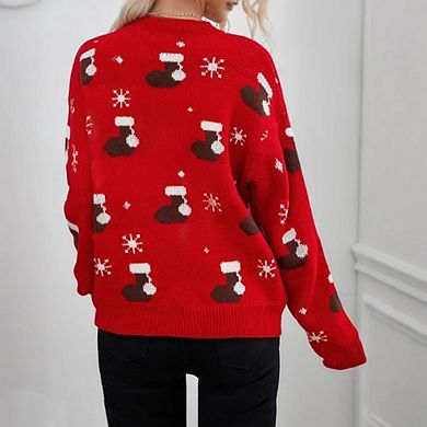 Women's Christmas Stocking Knit Sweaters Casual Crew Neck Long Sleeve Pullover Tops