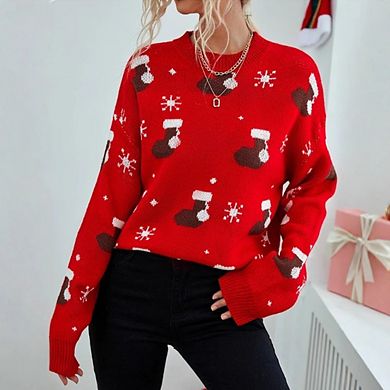 Women's Christmas Stocking Knit Sweaters Casual Crew Neck Long Sleeve Pullover Tops