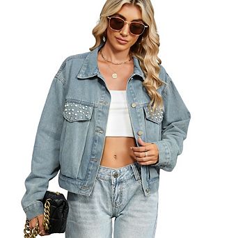 Women's Pearl Embellished Denim Jackets Casual Button Down Cropped Jean Coats