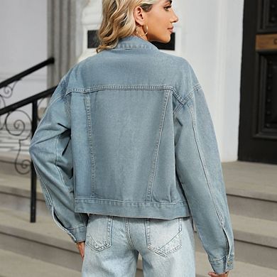 Women's Pearl Embellished Denim Jackets Casual Button Down Cropped Jean Coats