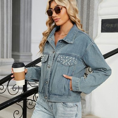 Women's Pearl Embellished Denim Jackets Casual Button Down Cropped Jean Coats