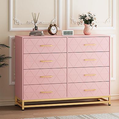 8 Drawer Wood Dresser Chest with Rattan Fronts and TV Stand Storage