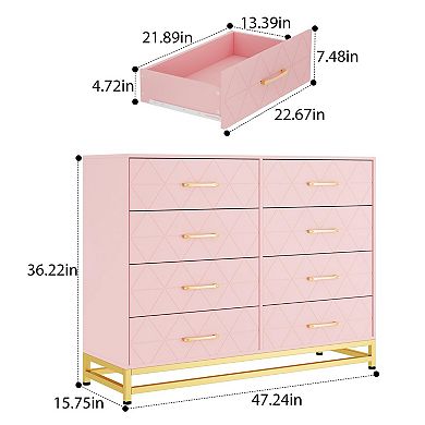 8 Drawer Wood Dresser Chest with Rattan Fronts and TV Stand Storage