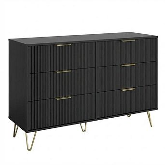 Fluted Wooden Dresser with 6 Drawers and Metal Handles, Large TV Stand Storage Cabinet for Bedroom