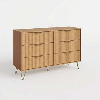 Fluted Wooden Dresser with 6 Drawers and Metal Handles, Large TV Stand Storage Cabinet for Bedroom