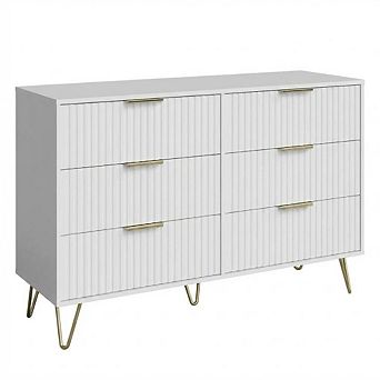 Fluted Wooden Dresser with 6 Drawers and Metal Handles, Large TV Stand Storage Cabinet for Bedroom
