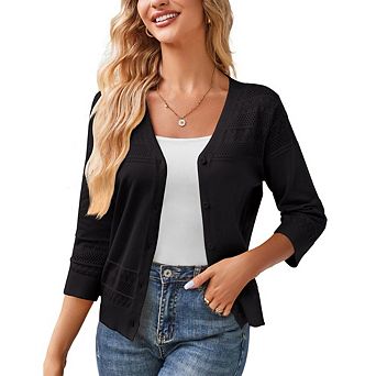 Women's 3/4 Sleeve Button Down Pointelle Knit Cardigan