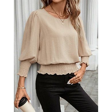 Women's Relaxed Smocked Blouse with Puff Long Sleeves & Round Neckline