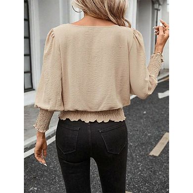 Women's Relaxed Smocked Blouse with Puff Long Sleeves & Round Neckline