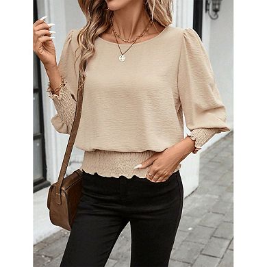 Women's Relaxed Smocked Blouse with Puff Long Sleeves & Round Neckline