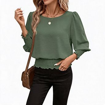 Women's Relaxed Smocked Blouse with Puff Long Sleeves & Round Neckline