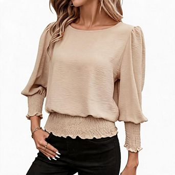 Women's Relaxed Smocked Blouse with Puff Long Sleeves & Round Neckline