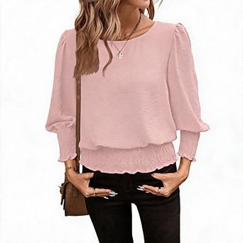 Women's Relaxed Smocked Blouse with Puff Long Sleeves & Round Neckline