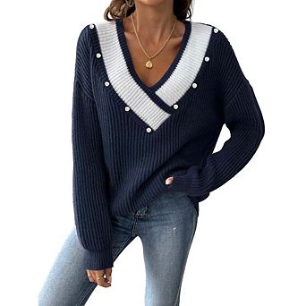 Women's V-Neck Ribbed Knit Sweater Long Sleeve Top with Pearl Detail