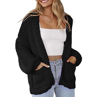Women's Open Front Chunky Knit Cardigan with Pockets