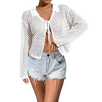 Women's Crochet Knit Tie Front Cropped Cardigan Long Sleeve Collared Casual Top for Daily Wear
