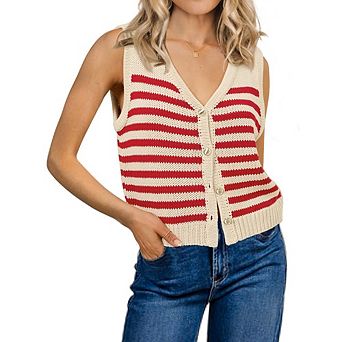 Women's Striped Knit Sleeveless V Neck Cardigan Vests Casual Tops