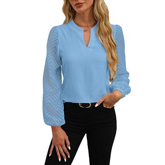 Women's Chevron Mesh Long Sleeve V Neck Blouses Casual Tops