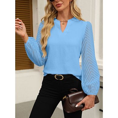 Women's Chevron Mesh Long Sleeve V Neck Blouses Casual Tops