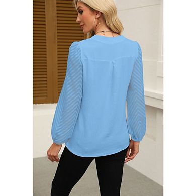 Women's Chevron Mesh Long Sleeve V Neck Blouses Casual Tops