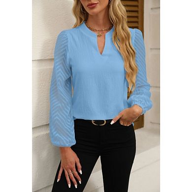 Women's Chevron Mesh Long Sleeve V Neck Blouses Casual Tops
