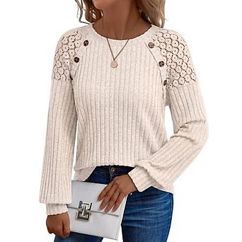 Women's Lace Crochet Long Sleeve Tops Ribbed Knit Button Detail Casual Sweaters for Women