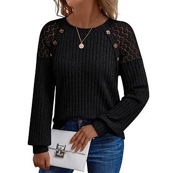 Women's Lace Crochet Long Sleeve Tops Ribbed Knit Button Detail Casual Sweaters for Women