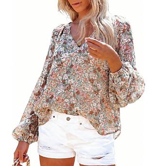 Women's Floral Print V Neck Puff Long Sleeve Blouse Casual Loose Fit Summer Tops