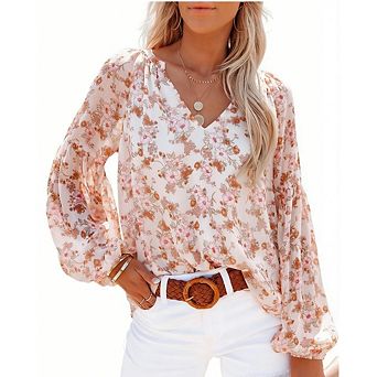 Women's Floral Print V Neck Puff Long Sleeve Blouse Casual Loose Fit Summer Tops