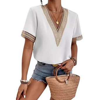 Women's V Neck Lace Trim Short Sleeve Blouse Casual Summer Tops