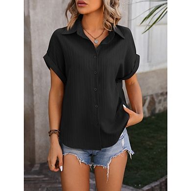 Women's Button Down Short Sleeve Shirts Collared Casual Blouses