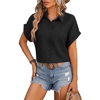 Women's Button Down Short Sleeve Shirts Collared Casual Blouses