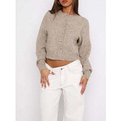 Women's Cropped Knit Cardigan Long Sleeve Button Down Casual Top
