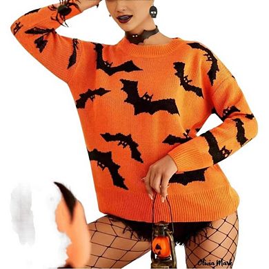 Women's Bat Print Knit Sweater Long Sleeve Crew Neck Pullover