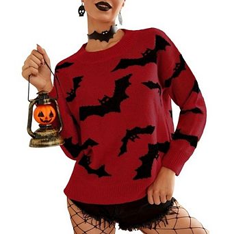 Women's Bat Print Knit Sweater Long Sleeve Crew Neck Pullover