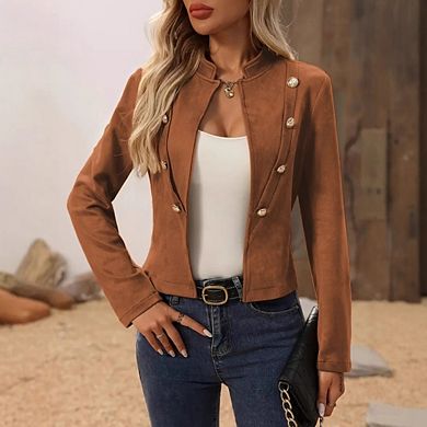 Women's Band Collar Suede Jacket Casual Double Breasted Button Coat