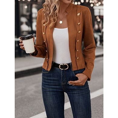 Women's Band Collar Suede Jacket Casual Double Breasted Button Coat