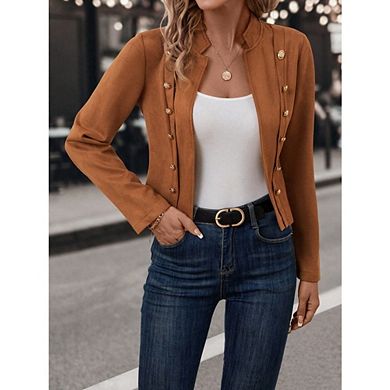 Women's Band Collar Suede Jacket Casual Double Breasted Button Coat