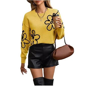 Women's Floral Knit Sweater Long Sleeve Crew Neck Pullover Top