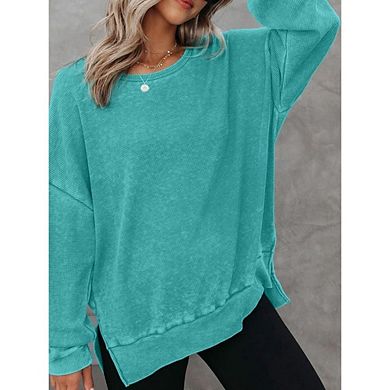 Women's Waffle Knit Crew Neck Sweatshirt Casual Long Sleeve Oversized Pullover